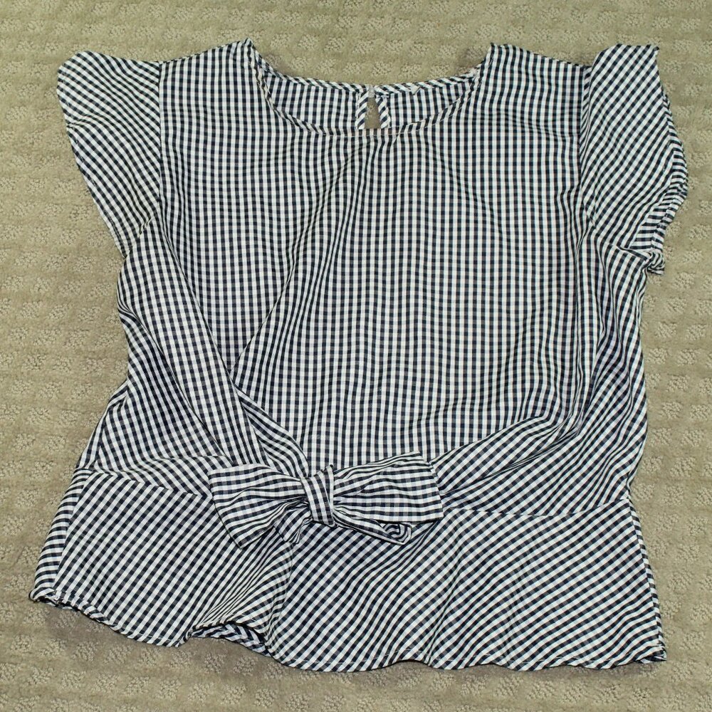 Super Cute! Women's Size M Navy Blue Plaid Peplum Top with Tie